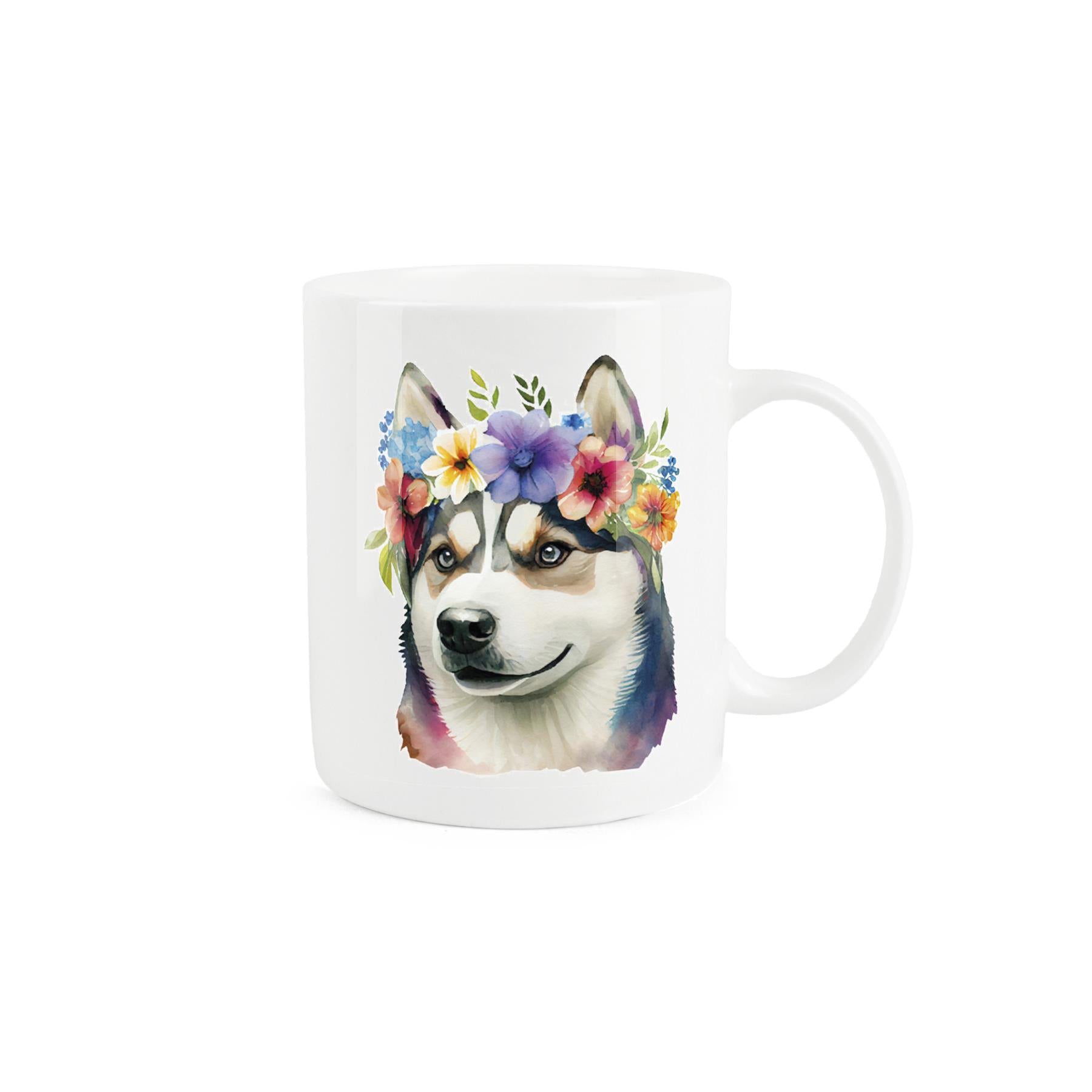 White bone china mug featuring adorable husky dog design with a crown of flowers. 