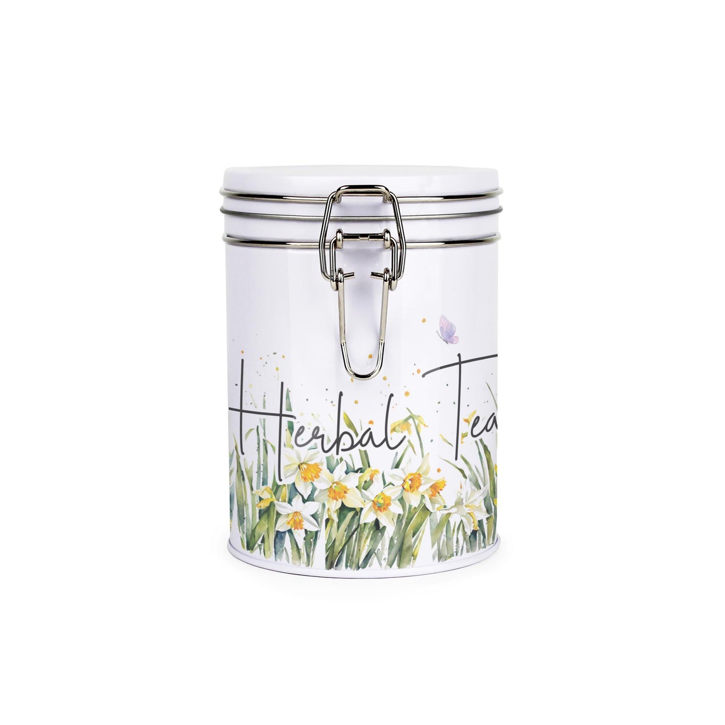Metal canister with a metal clip and lid featuring a delicate daffodil print with butterflies and dragonflies and decaf tea text
