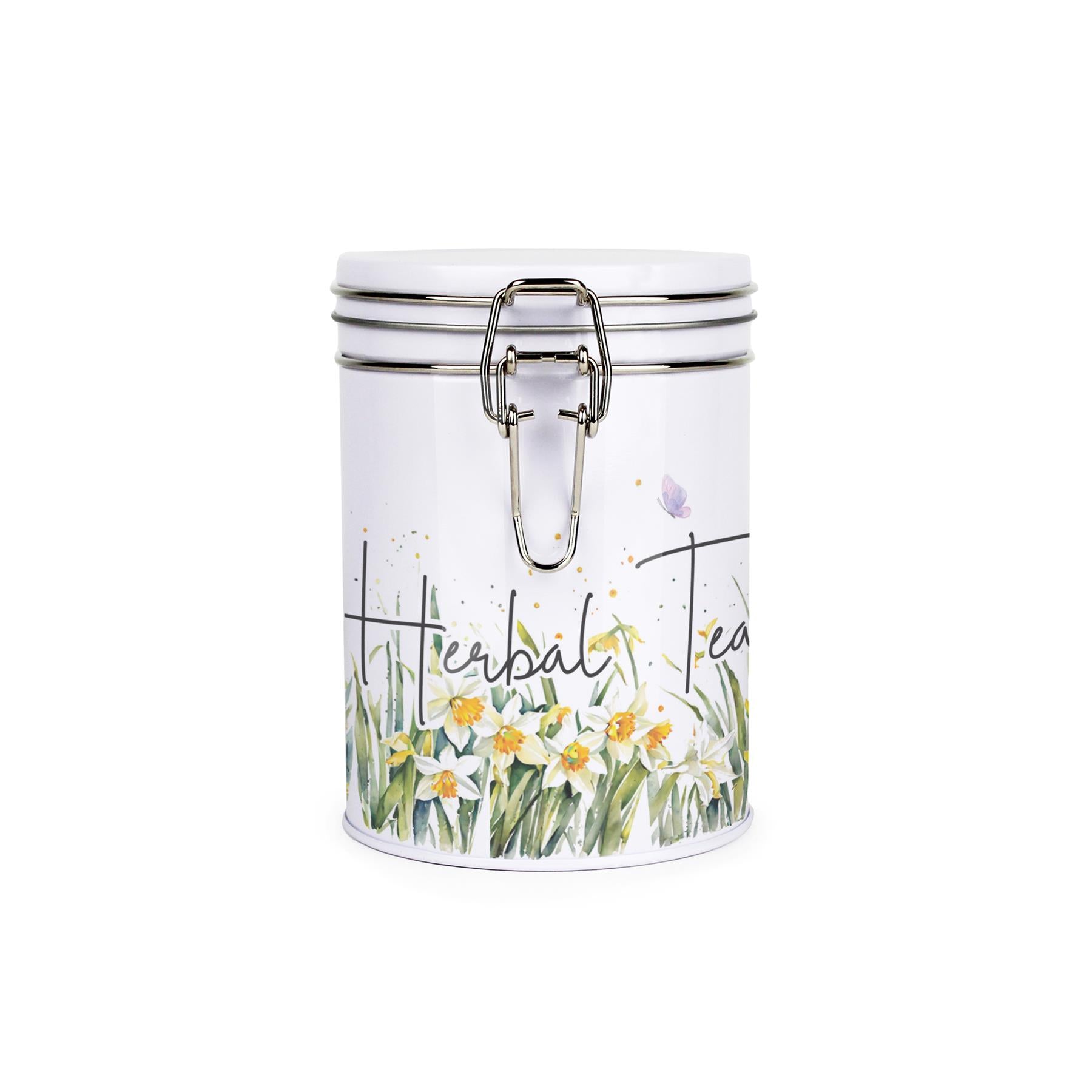 Metal canister with a metal clip and lid featuring a delicate daffodil print with butterflies and dragonflies and decaf tea text