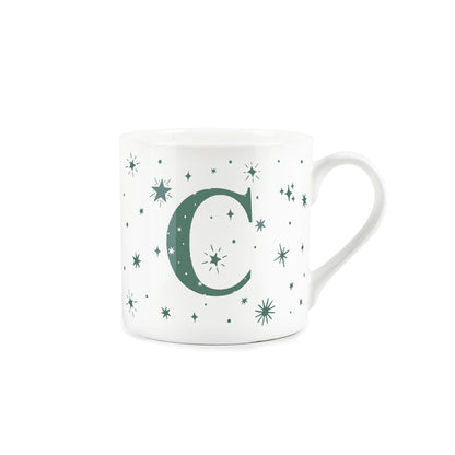 White bone china mug with green stars and letter 'C' alphabet design 