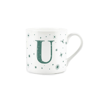 White bone china mug with green stars and letter 'U' alphabet design 