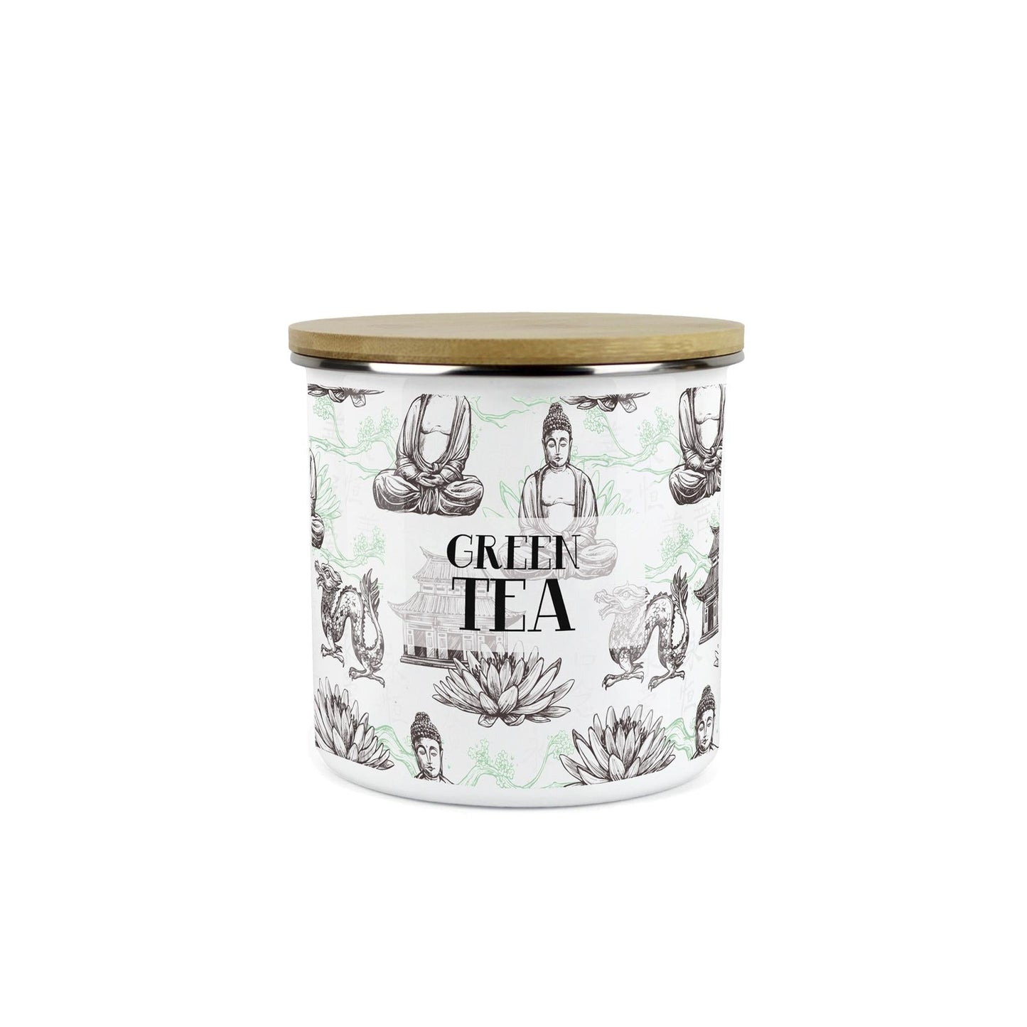 Green Tea Storage Canister - Oriental Scene Enamel Kitchen Storage Jar