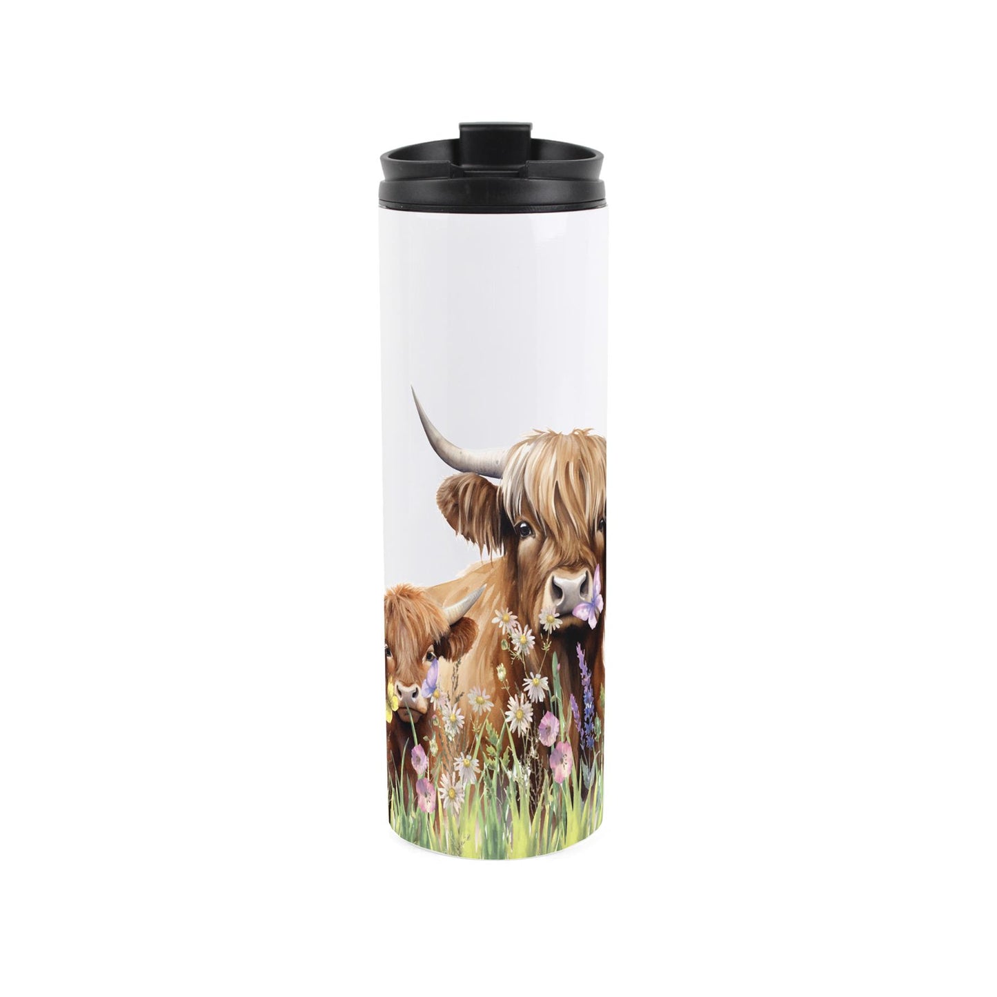 Travel mug featuring a highland cow mother and baby design 