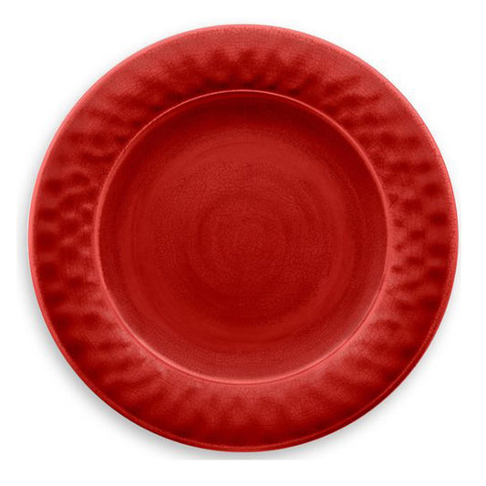 Red melamine dinner plate with crackle glaze finish. 