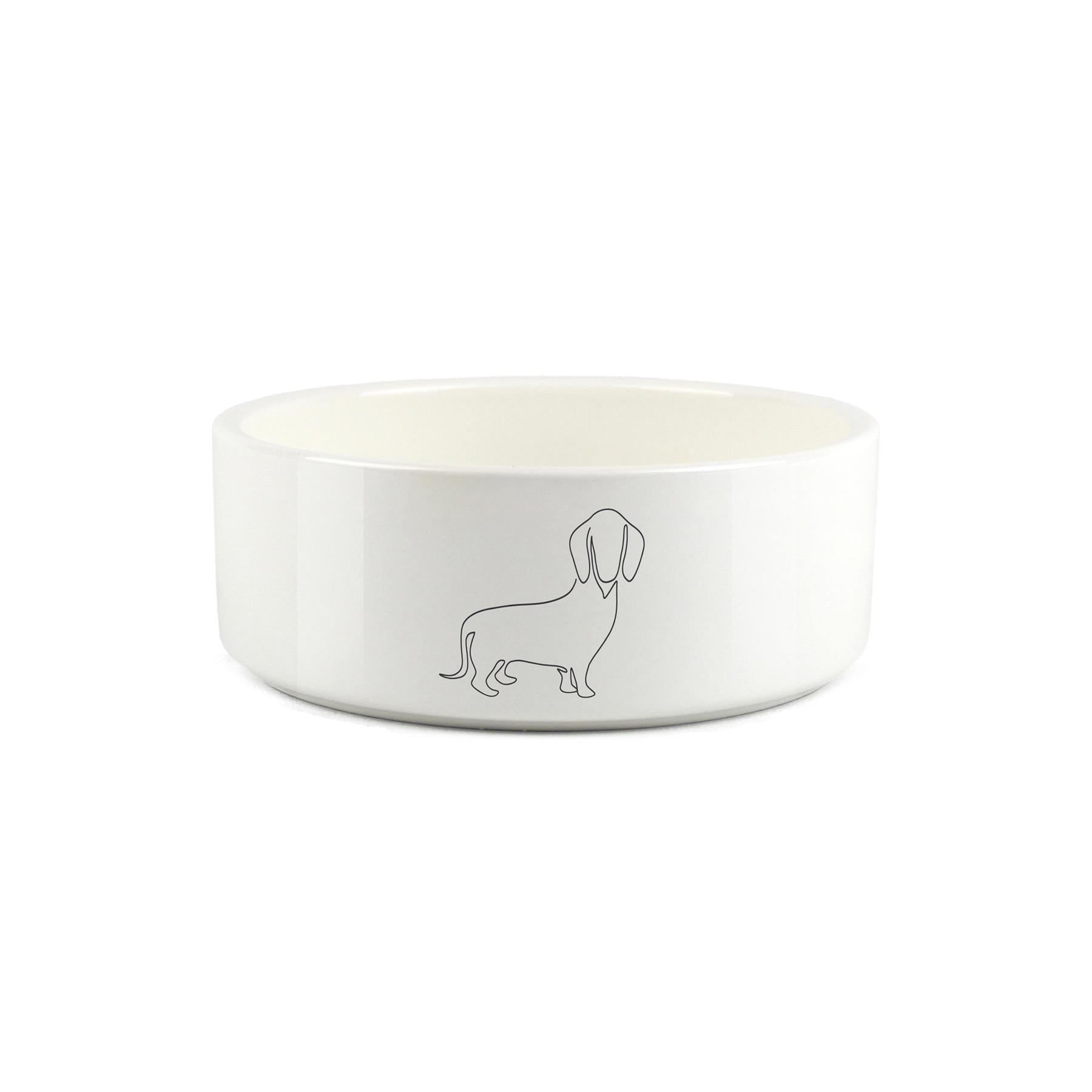 Minimalist line drawing of dachshund on white ceramic pet bowl