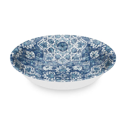 Melamine salad serving bowl with white exterior and patterned blue interior