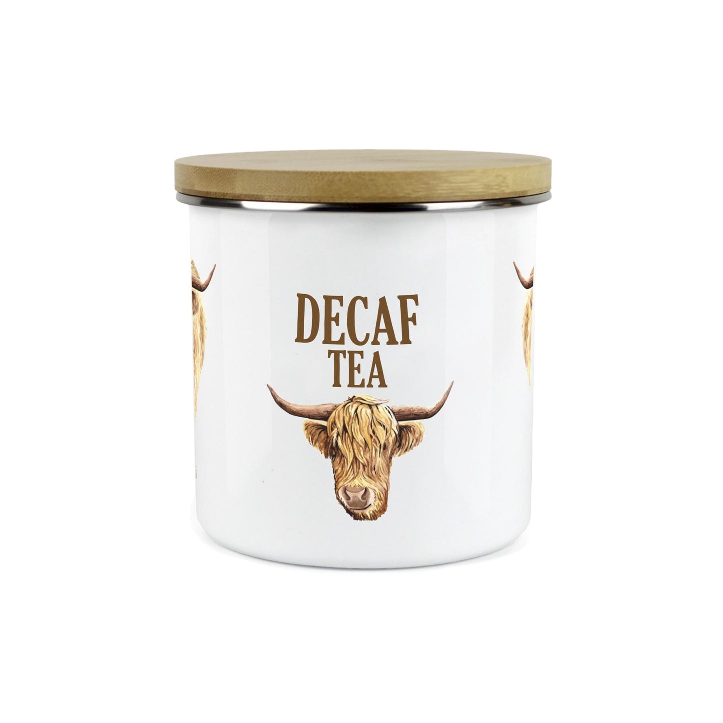 Decaf Tea Highland Cow Storage Canister - Enamel & Bamboo Kitchen Storage Jar
