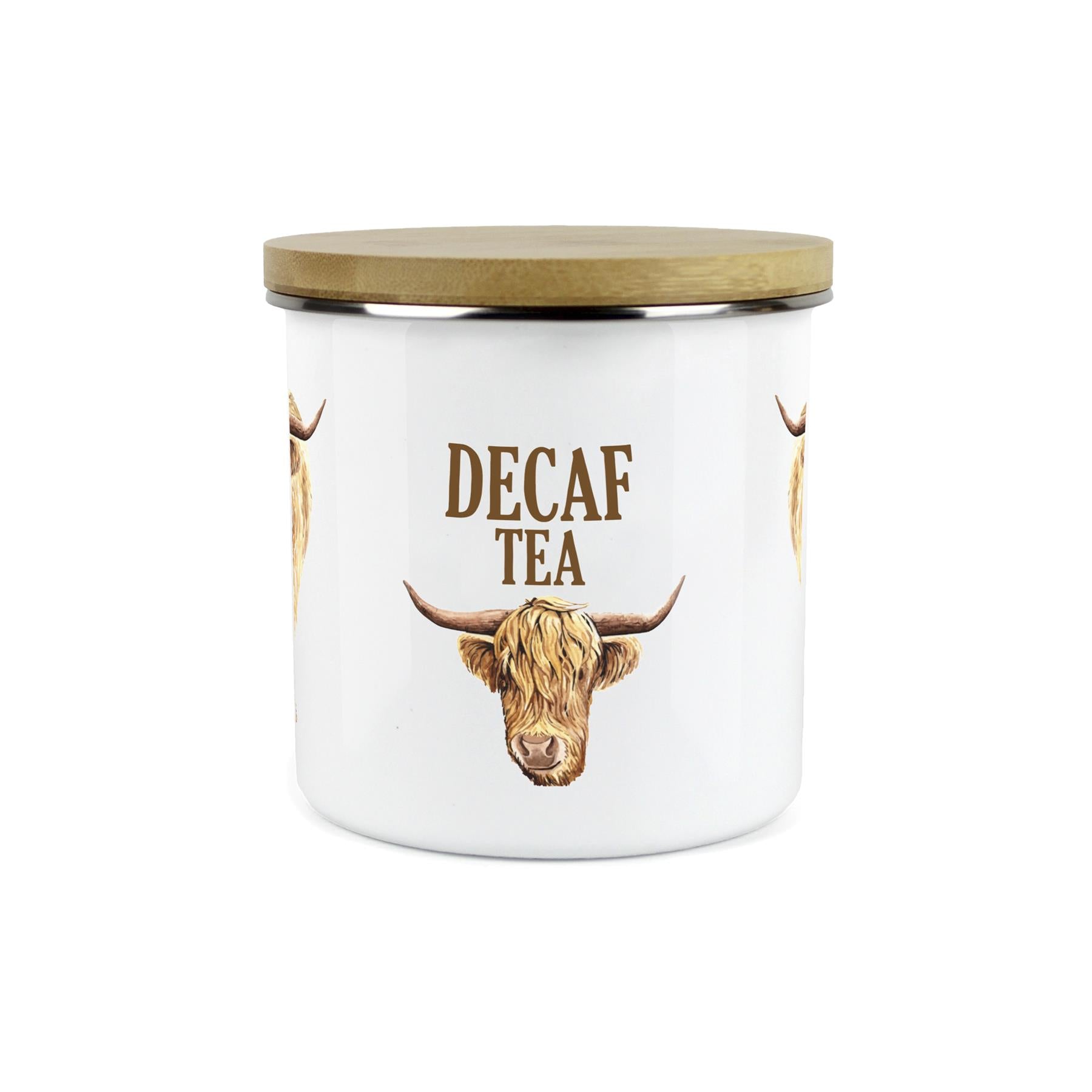 Decaf Tea Highland Cow Storage Canister - Enamel & Bamboo Kitchen Storage Jar