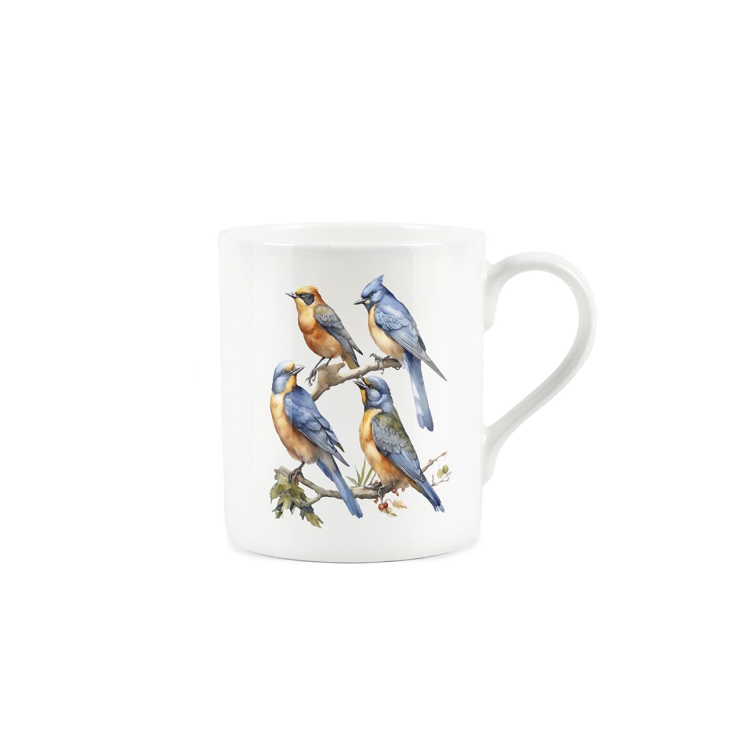 Painted design of 4 calling birds sitting atop branches on a white bone china mug 